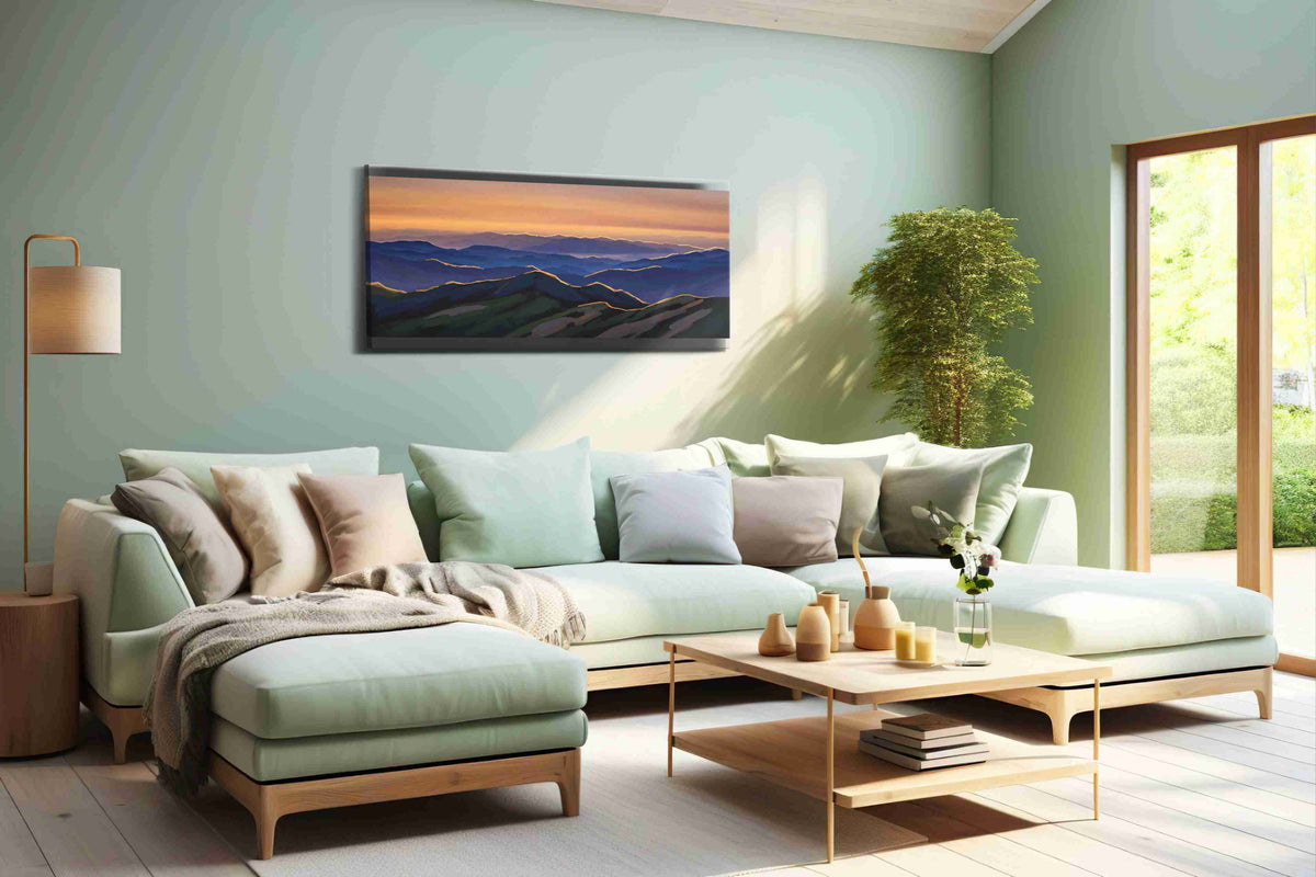 Whispers of the Dawn mountain canvas print, hanging on wall