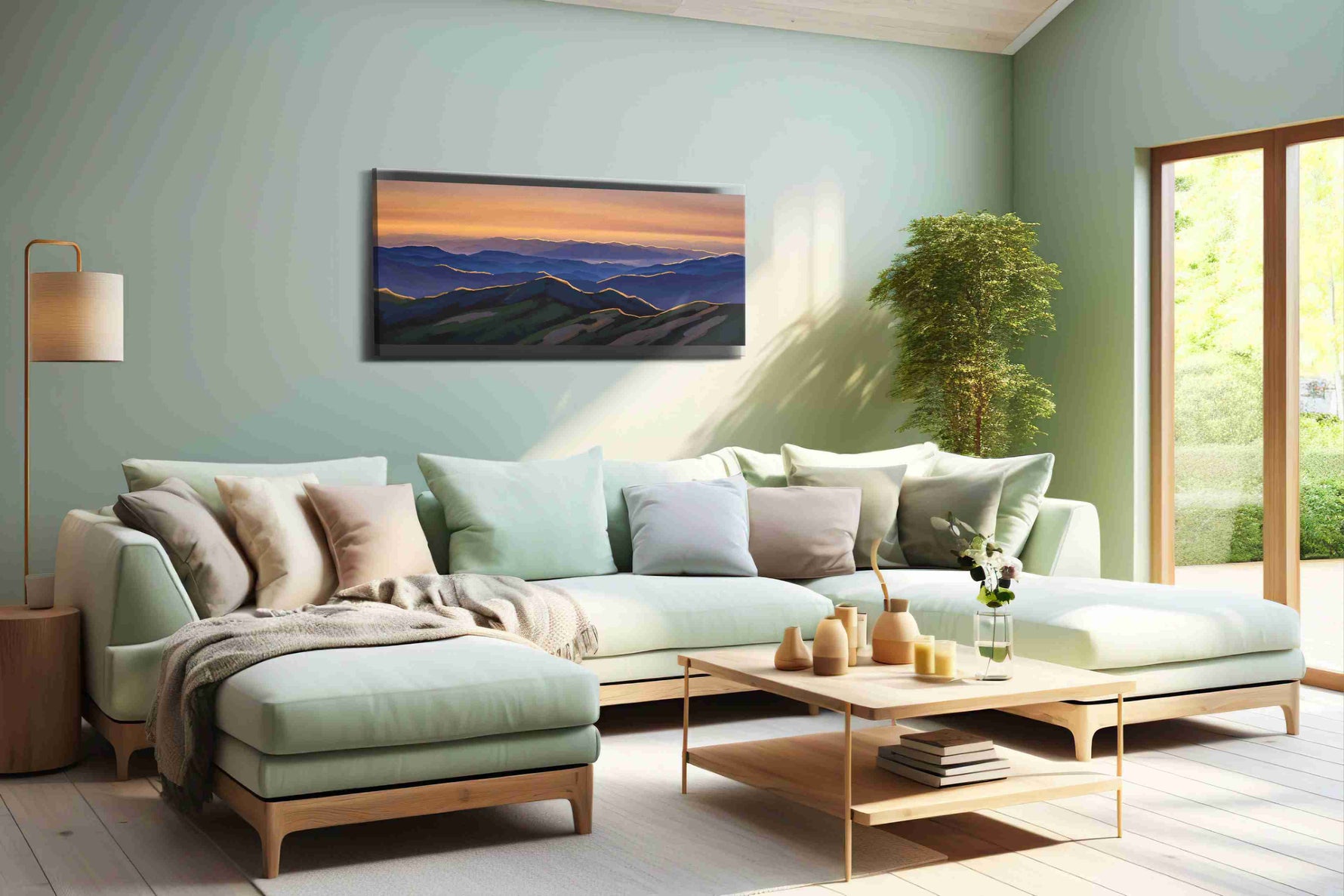 Whispers of the Dawn mountain canvas print, hanging on wall