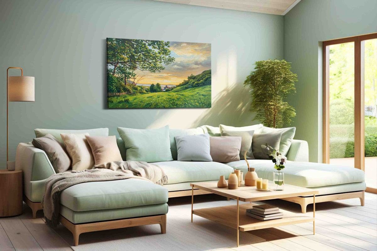 Whispers of the Dusk Meadow landscape canvas print shown in a wall scene