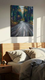 Whispers of the Forest Path landscape canvas print, displayed in a bedroom