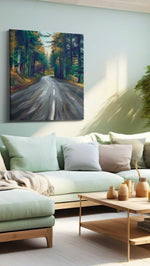 Whispers of the Forest Path landscape canvas print shown in a wall scene