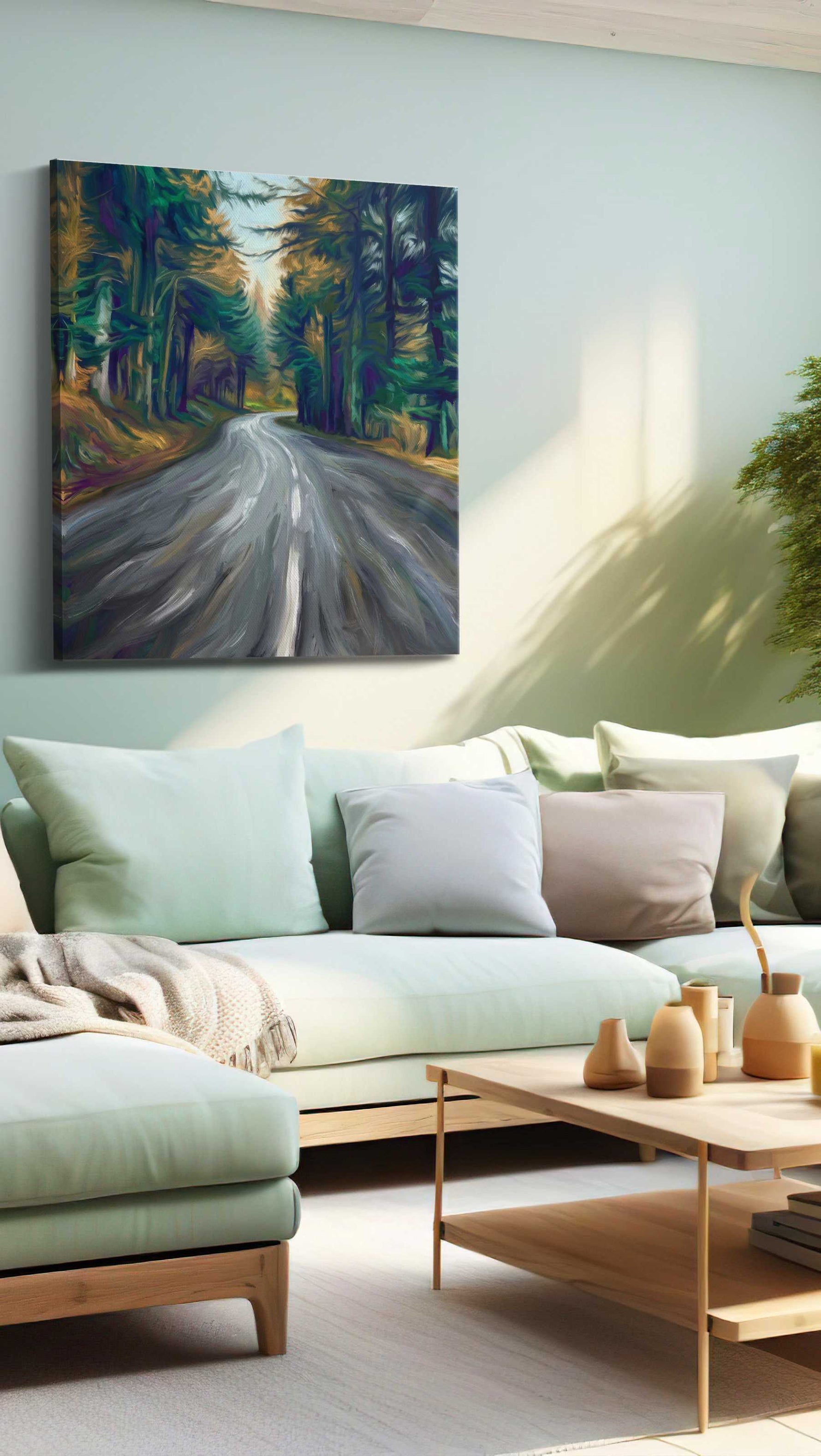 Whispers of the Forest Path landscape canvas print shown in a wall scene