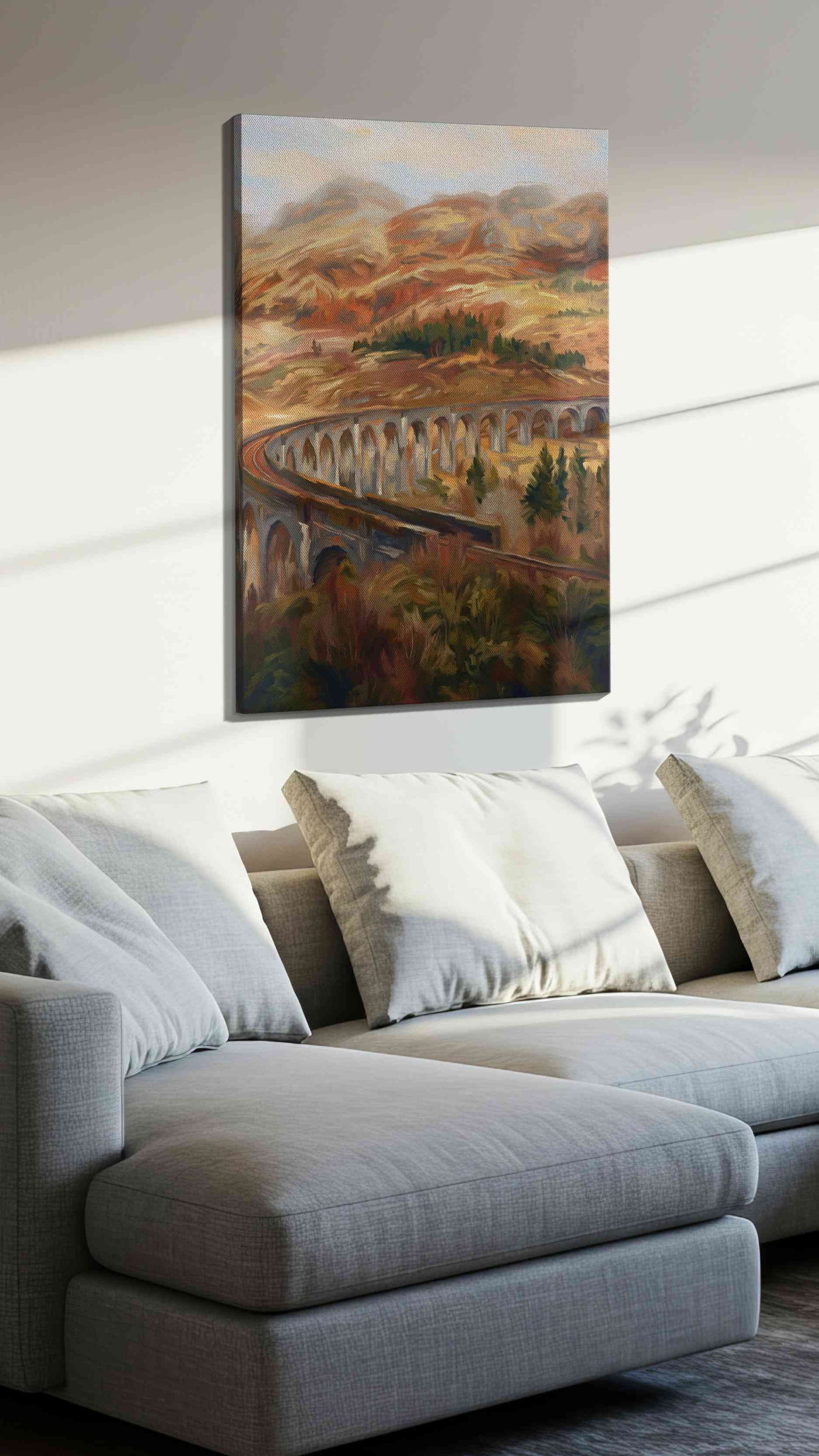 Whispers of the Highland Rails landscape canvas print, displayed in a living room