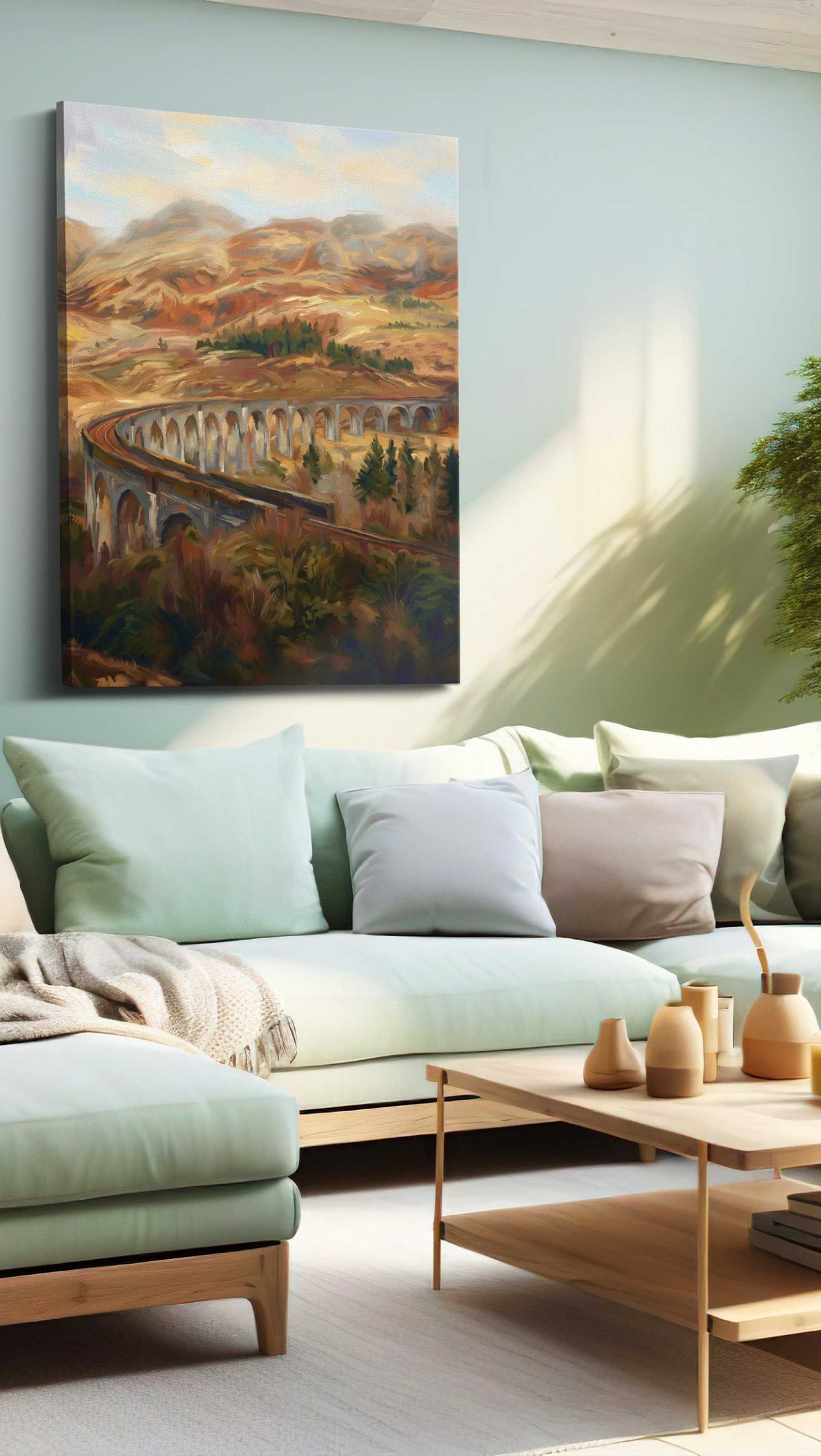 Whispers of the Highland Rails landscape canvas print shown in a wall scene