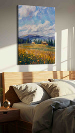 Whispers of the Meadows landscape canvas print, displayed in a bedroom