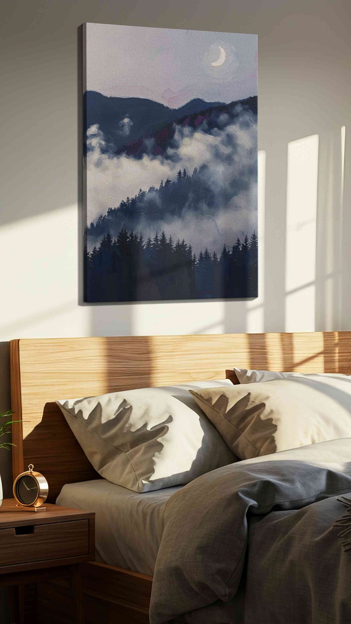 Whispers of the Misty Moon landscape canvas print, displayed in a bedroom