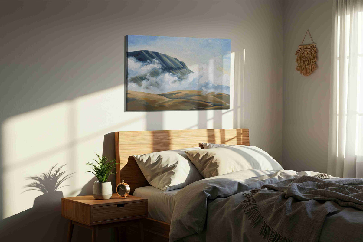 Whispers of the Mountain Sky landscape canvas print, displayed in a bedroom
