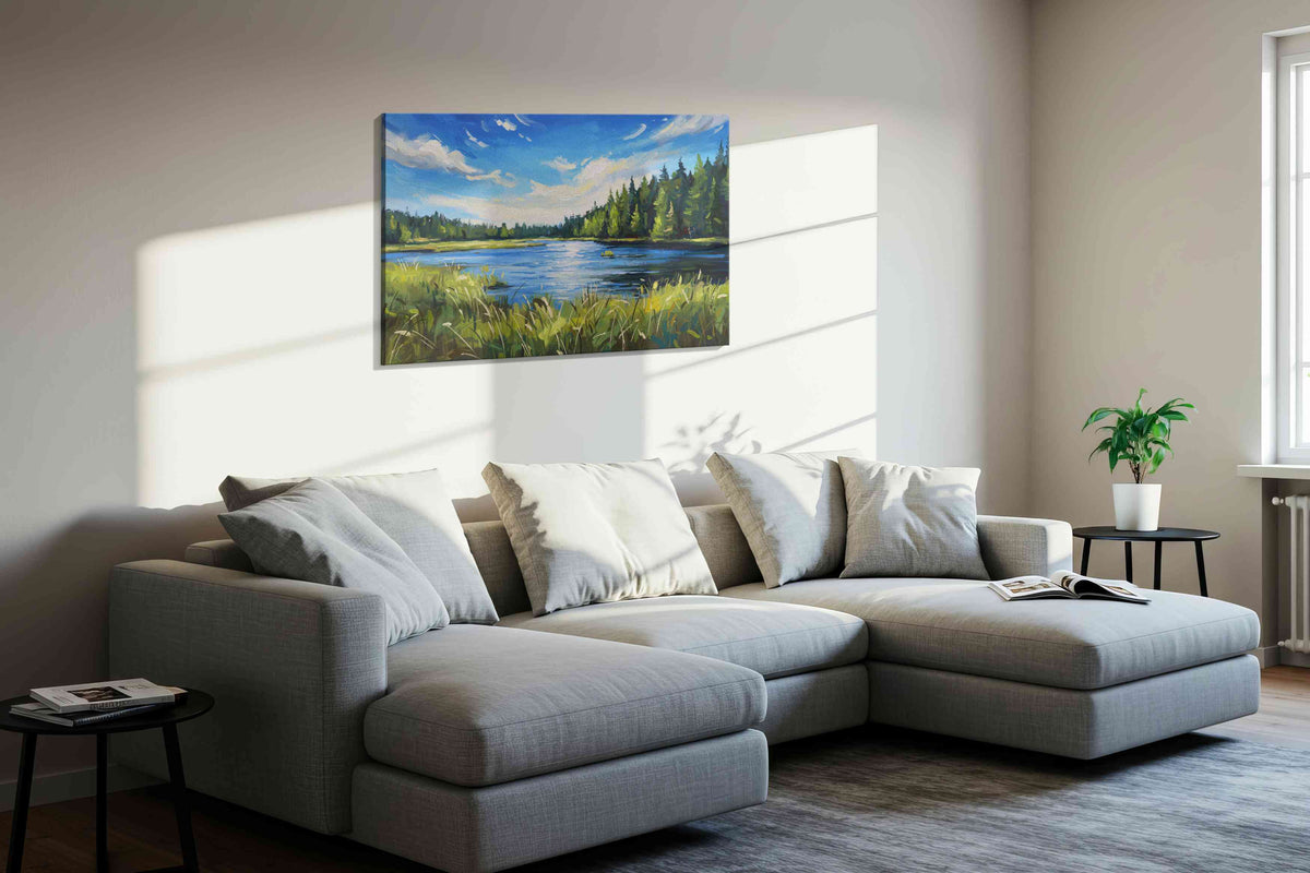 Whispers of the Tranquil Forest landscape canvas print, displayed in a living room