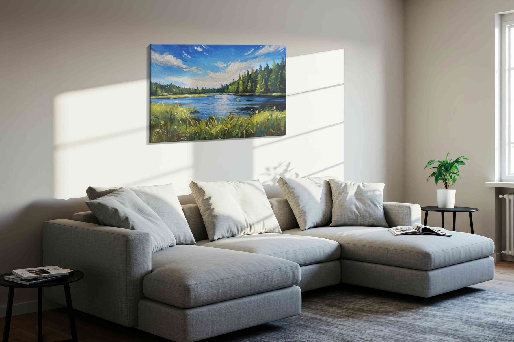 Whispers of the Tranquil Forest landscape canvas print, displayed in a living room