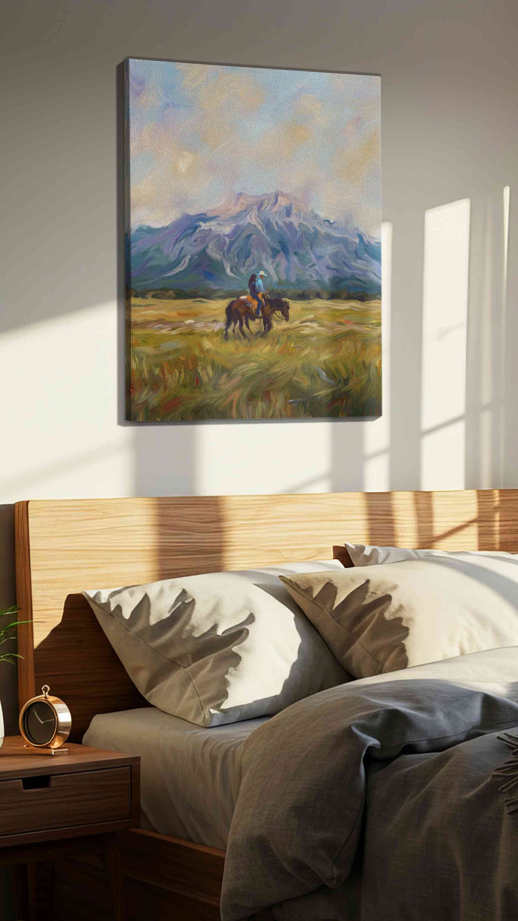 Whispers of the Wild Frontier landscape canvas print, displayed in a bedroom