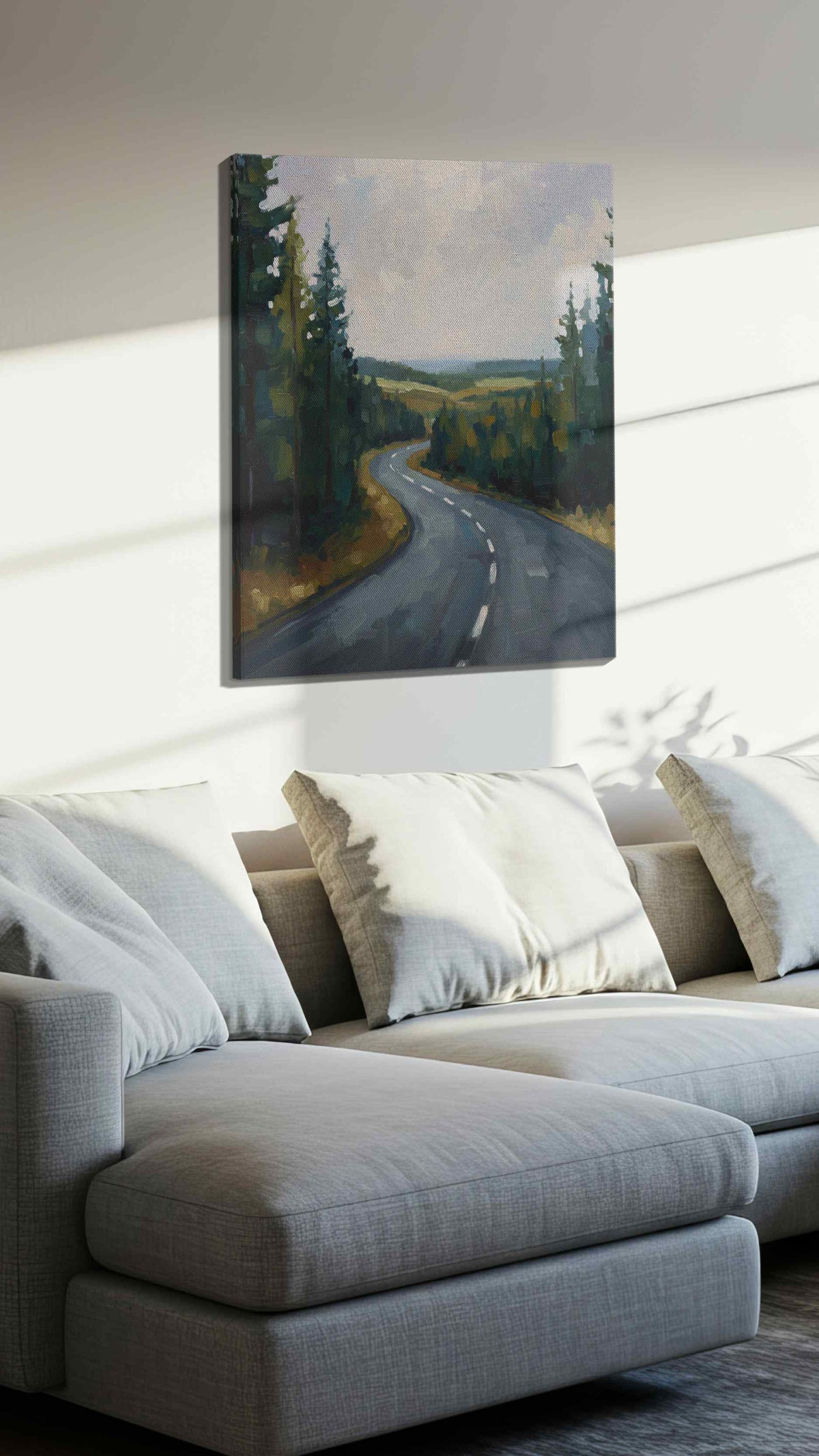 Winding Serenity landscape canvas print, displayed in a living room
