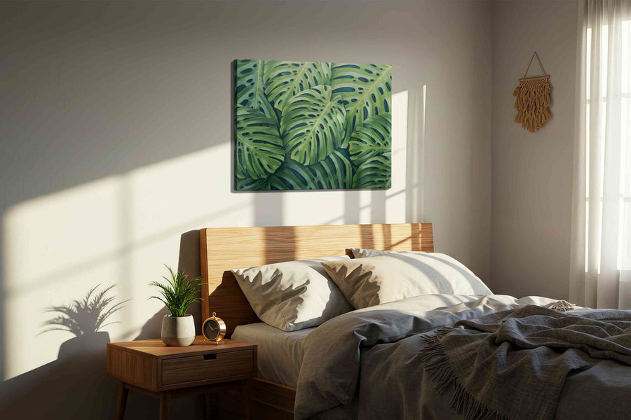 Monstera Dreamscape leaves canvas print, displayed in a bedroom