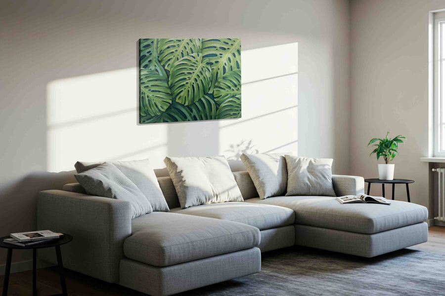 Monstera Dreamscape leaves canvas print, displayed in a living room