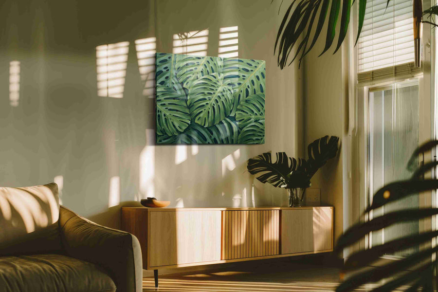 Monstera Dreamscape leaves canvas print in a contemporary interior mockup