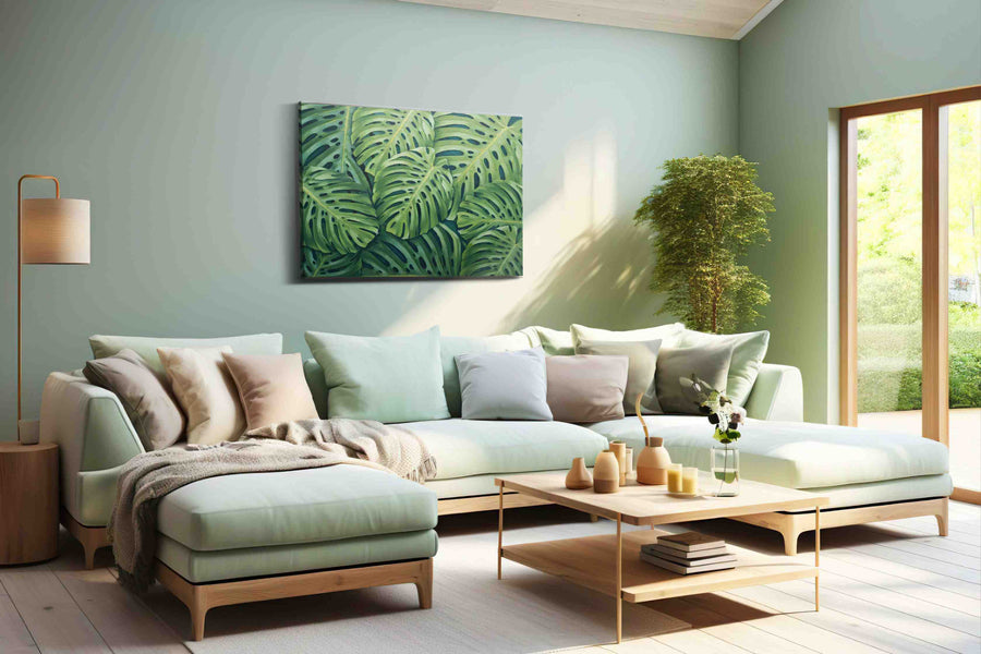 Monstera Dreamscape leaves canvas print, hanging on wall