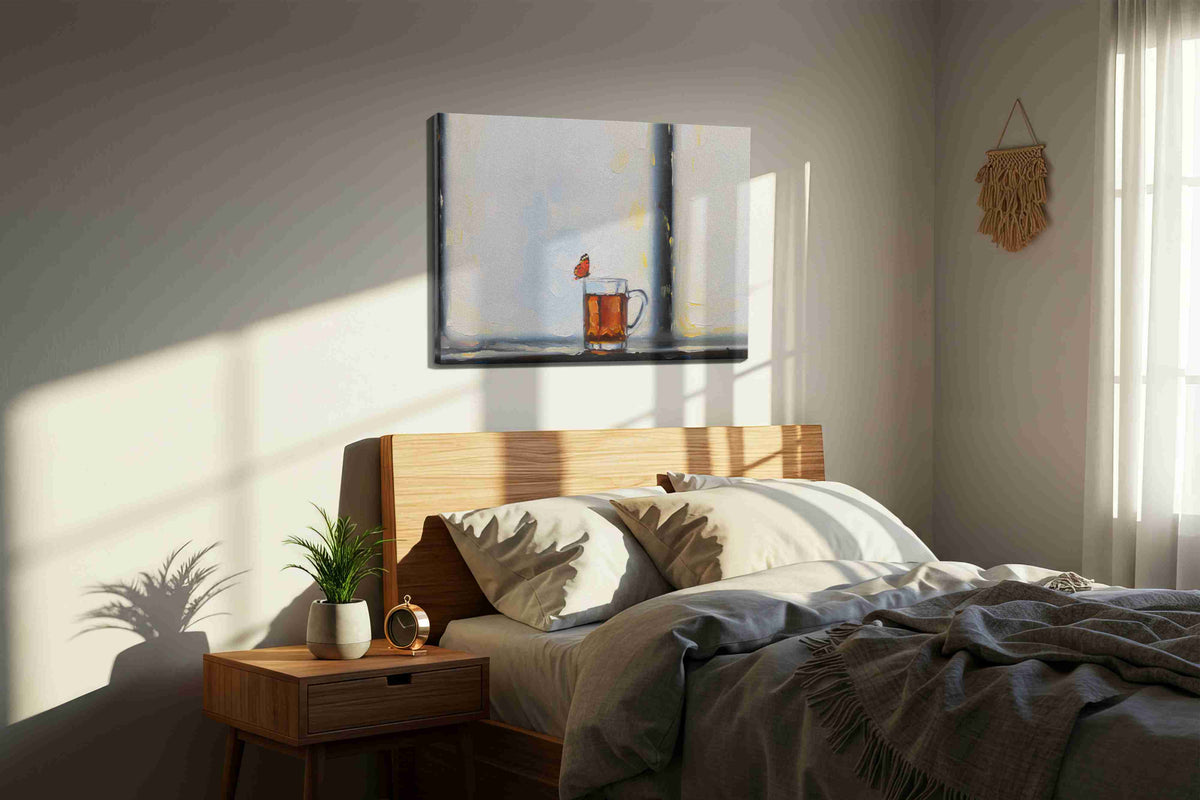 Whispers of a Morning Brew animals canvas print, displayed in a bedroom