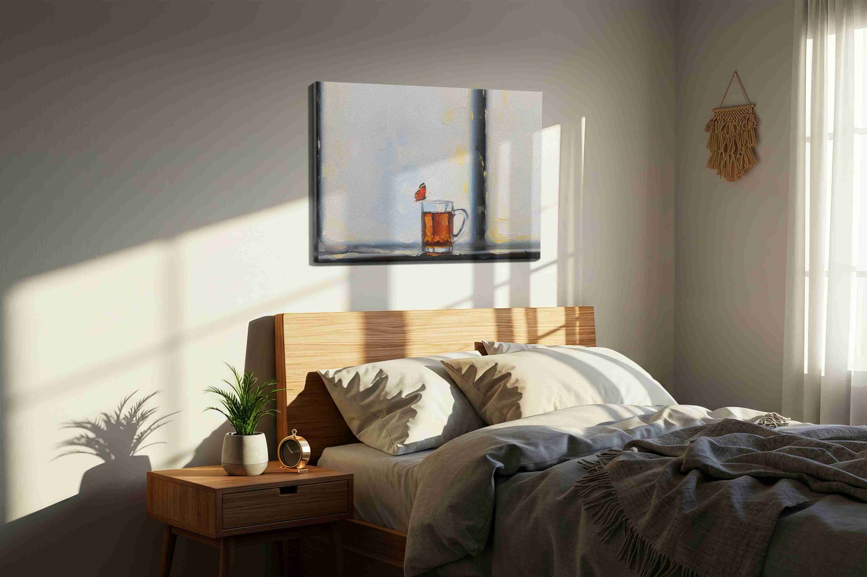 Whispers of a Morning Brew animals canvas print, displayed in a bedroom