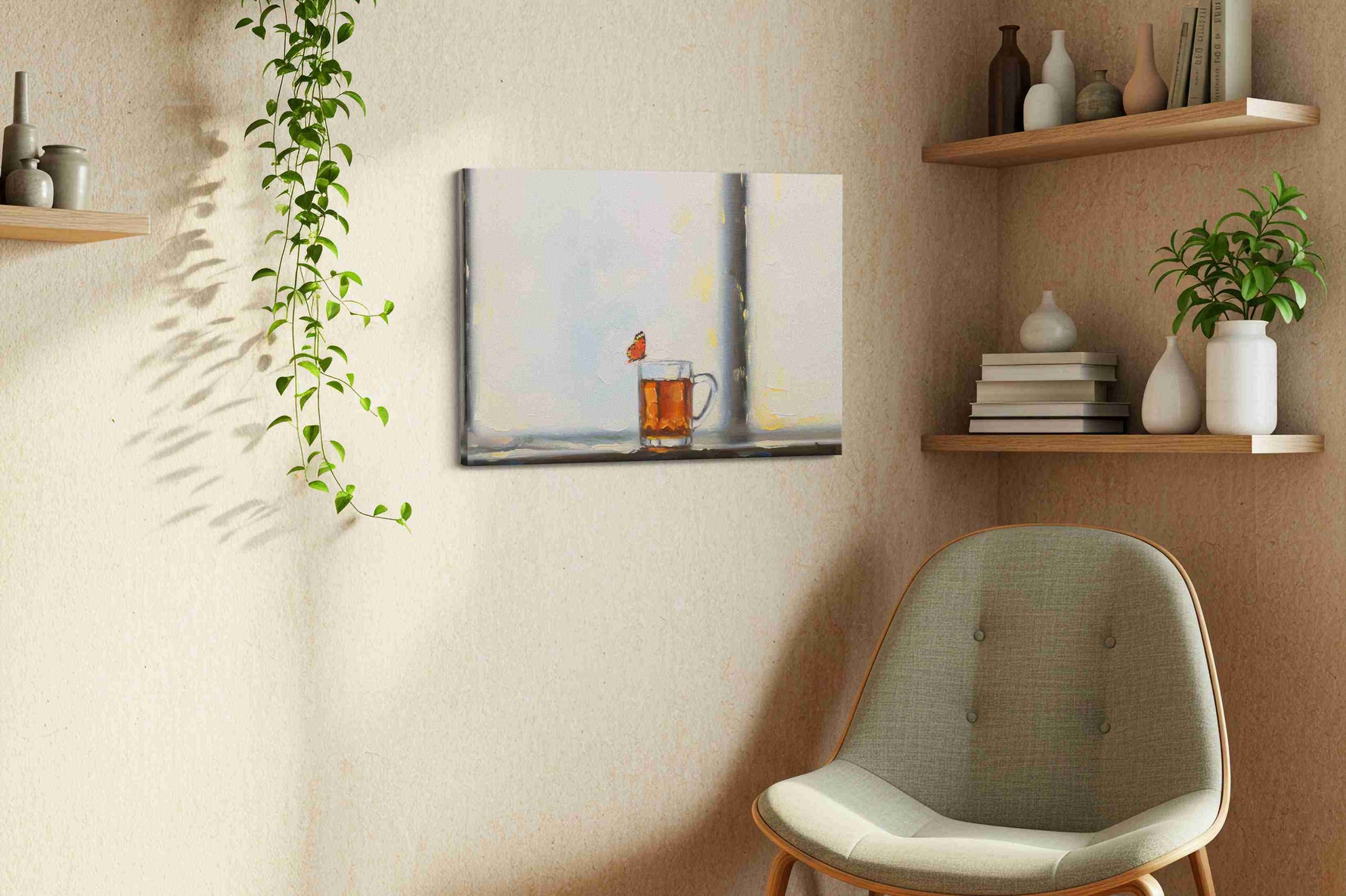Whispers of a Morning Brew animals canvas print, displayed in a living room