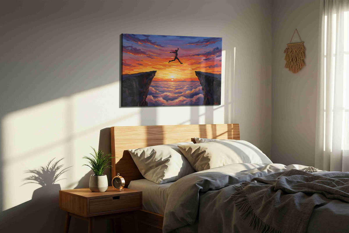 Leap of Determination sports canvas print, displayed in a bedroom