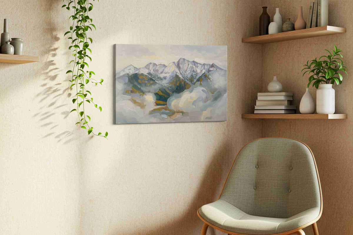 Whispers of Winter Peaks landscape canvas print styled in a living room