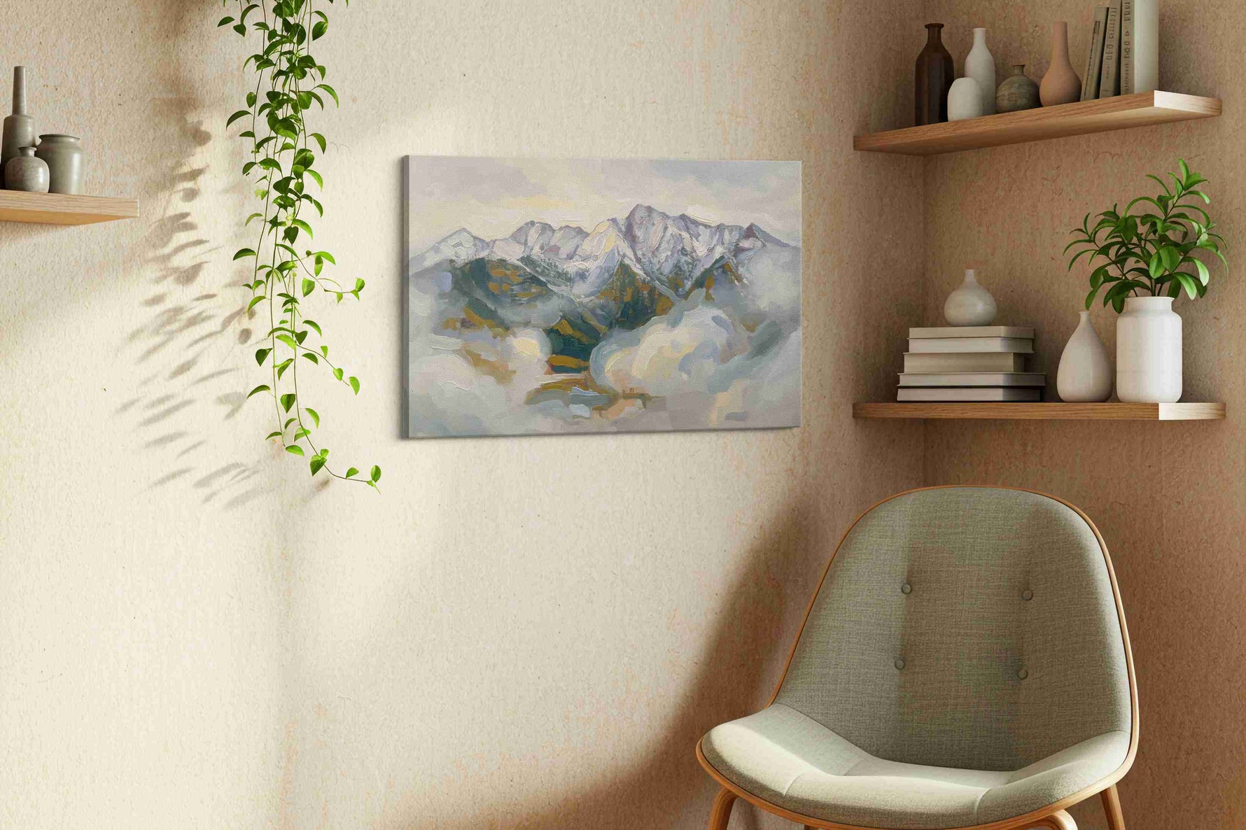 Whispers of the Misty Peaks mountain canvas print, hanging on wall — view 2