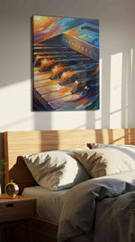 Celestial Keys Symphony music canvas print, displayed in a bedroom
