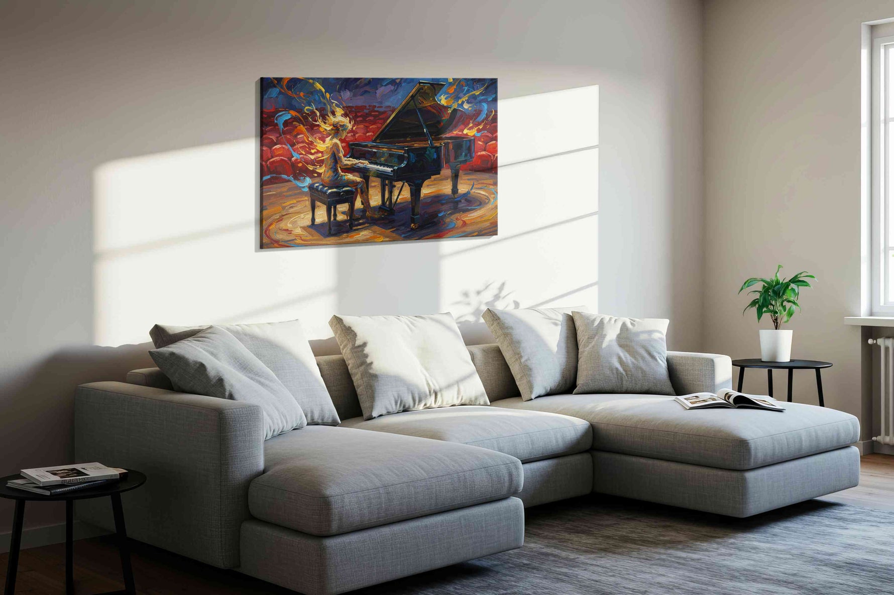 Ethereal Melody in Flames music canvas print in a living room scene