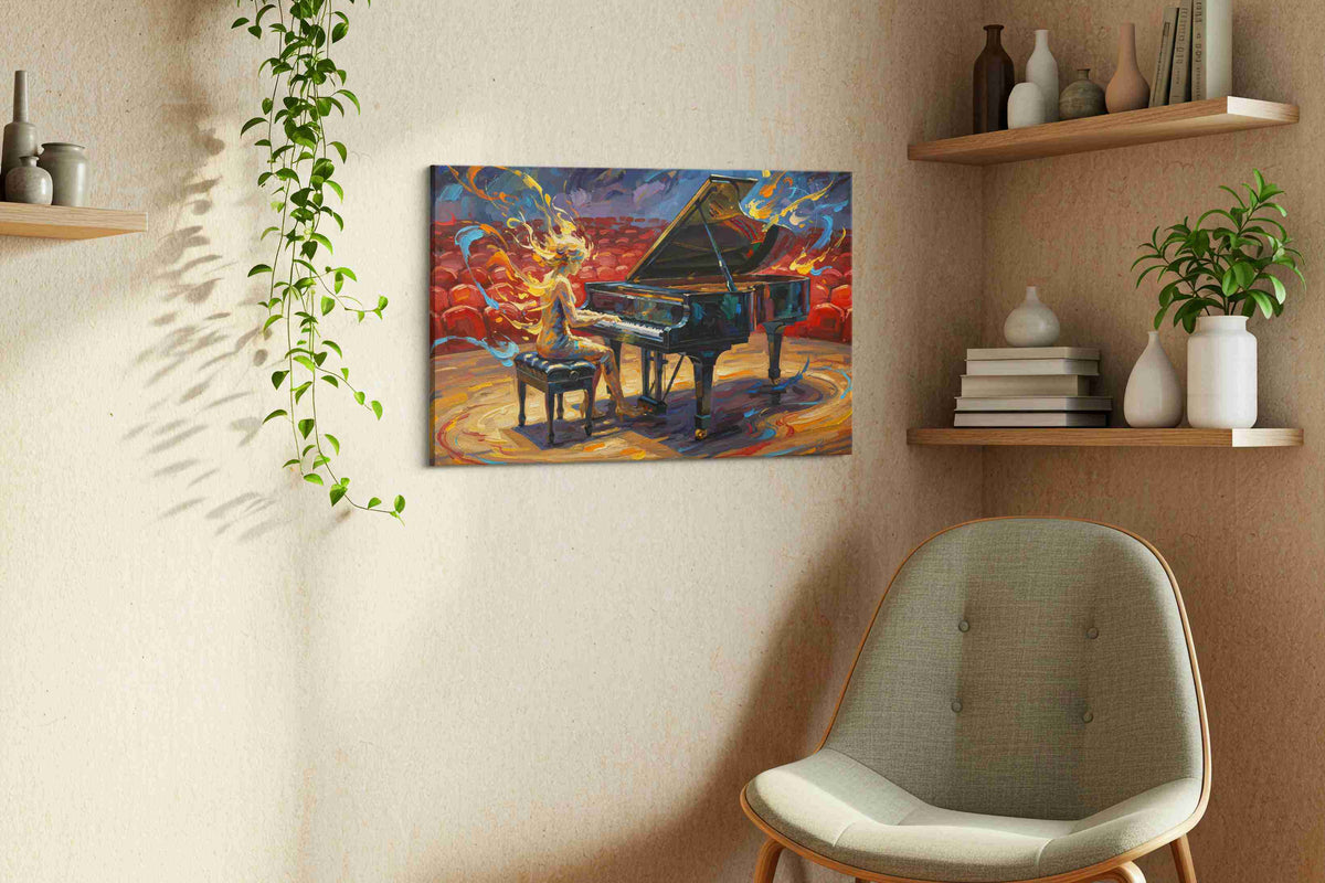 Ethereal Melody in Flames music canvas print, displayed in a living room