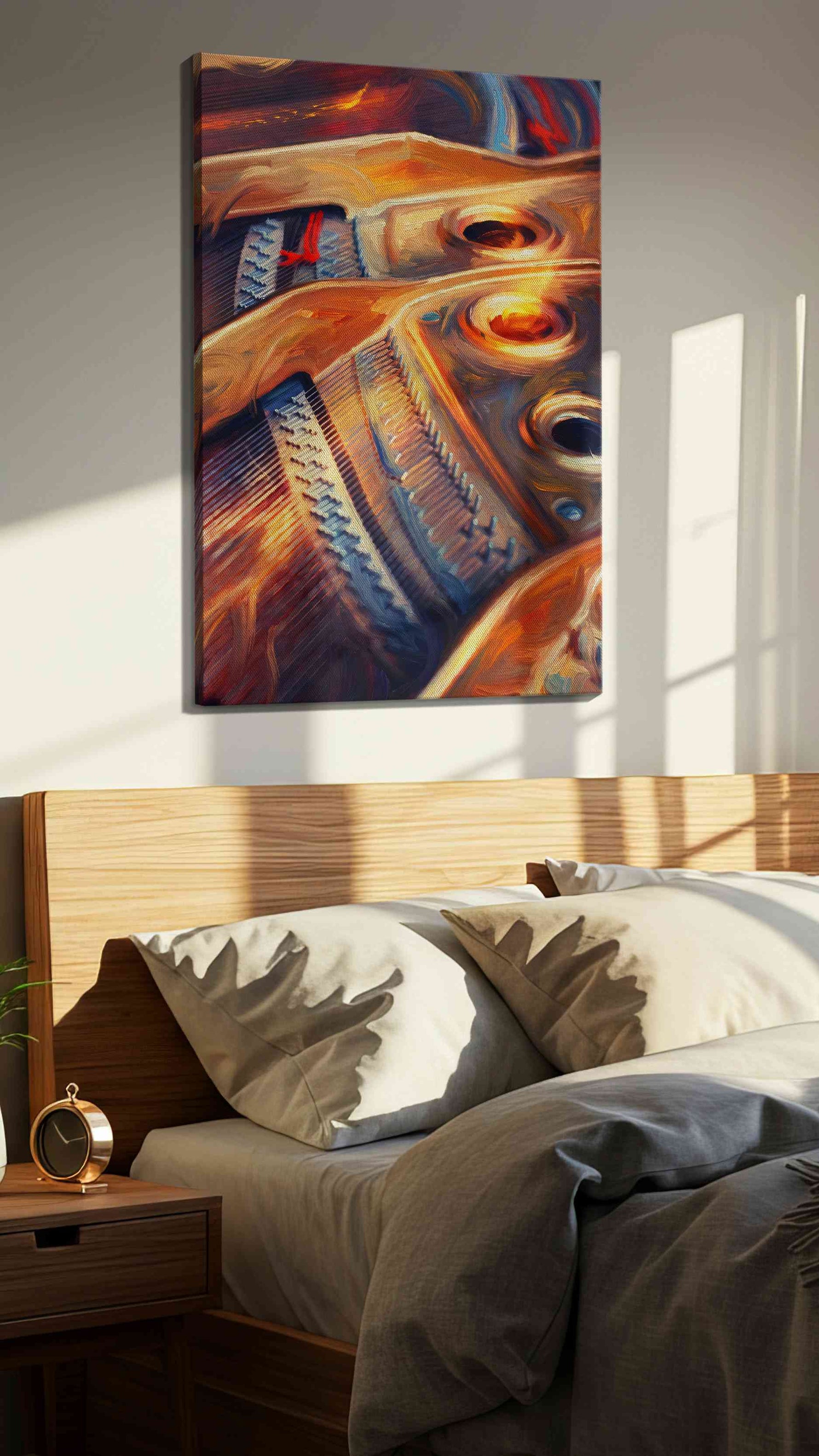Harmonic Vibrations music canvas print, displayed in a bedroom