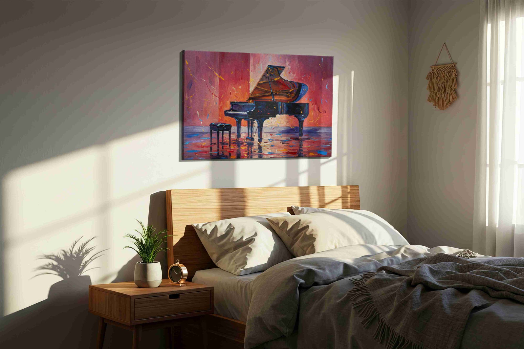 Harmonies of the Flame music canvas print, displayed in a bedroom