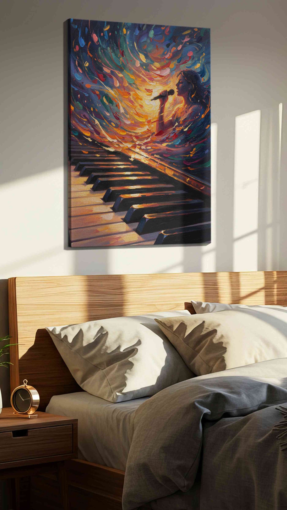 Harmonious Crescendo music canvas print, displayed in a bedroom