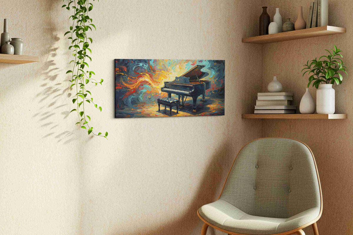 Harmonious Fire music canvas print, displayed in a living room