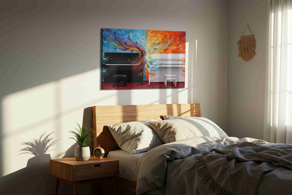 Harmonious Flames music canvas print, displayed in a bedroom