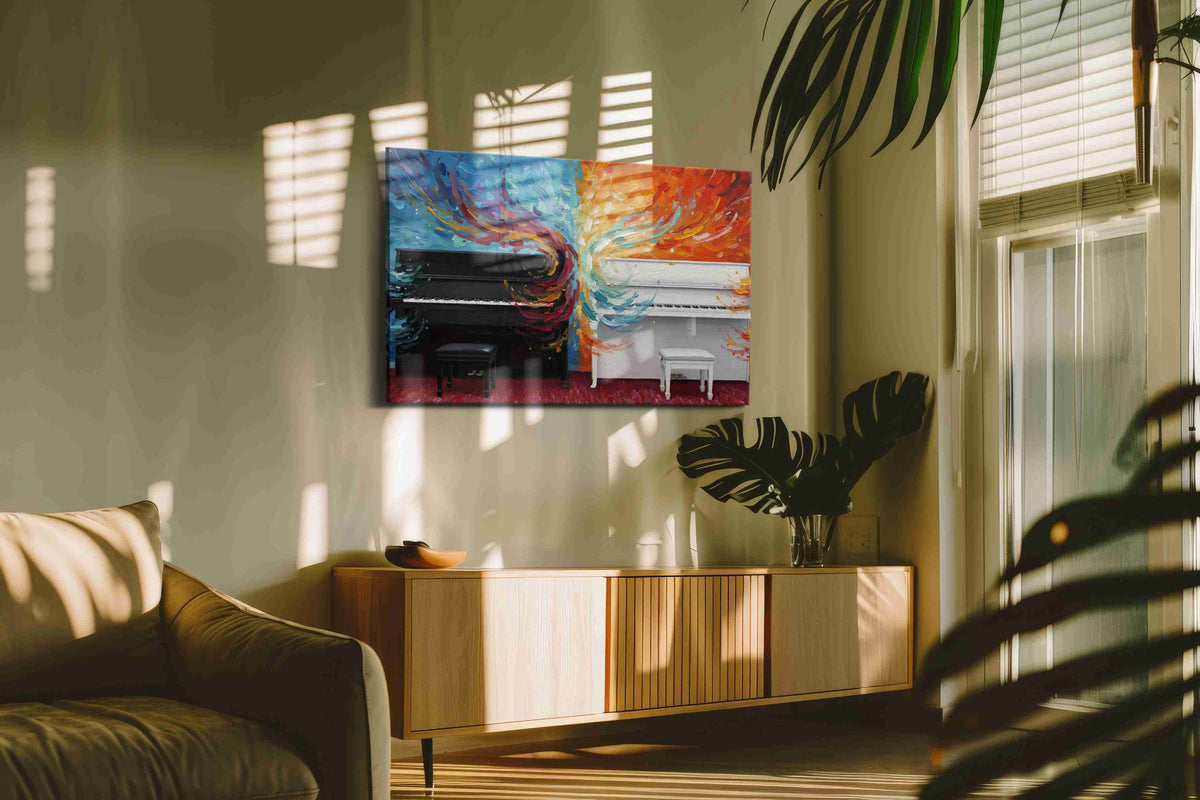 Harmonious Flames music canvas print, on wall, lifestyle preview