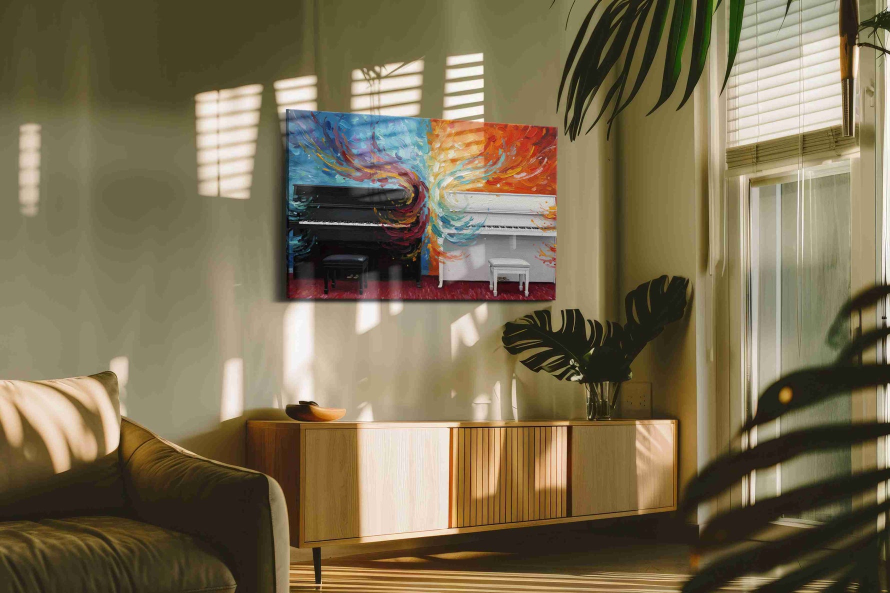 Harmonious Flames music canvas print, on wall, lifestyle preview