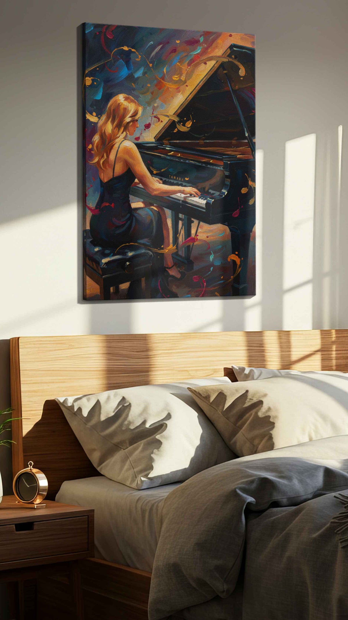 Harmonious Whirl music canvas print, displayed in a bedroom