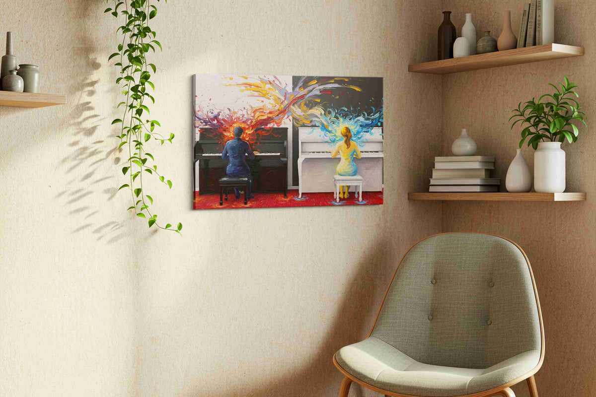 Harmony of Dual Flames music canvas print, displayed in a living room