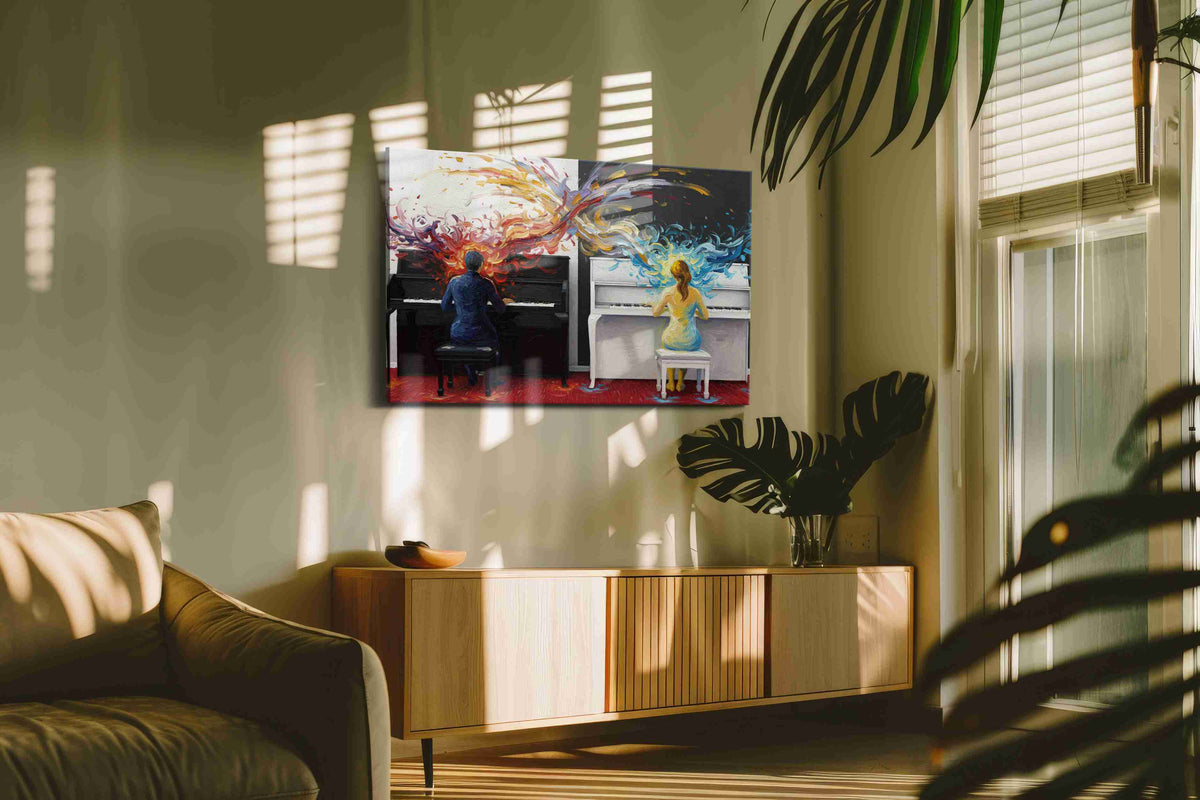 Harmony of Dual Flames music canvas print in a contemporary interior mockup