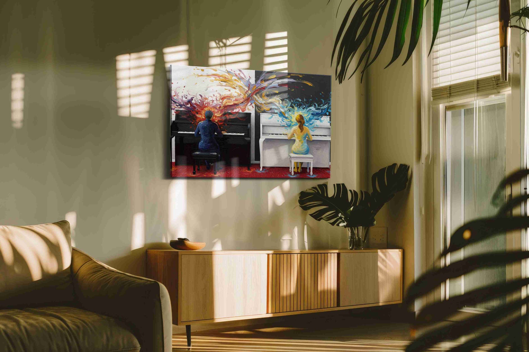 Harmony of Dual Flames music canvas print in a contemporary interior mockup