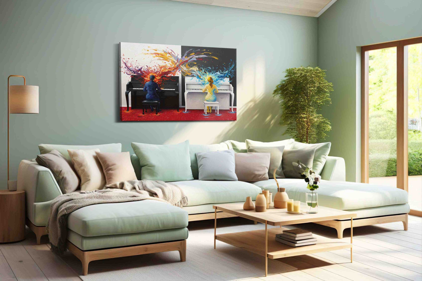Harmony of Dual Flames music canvas print, hanging on wall