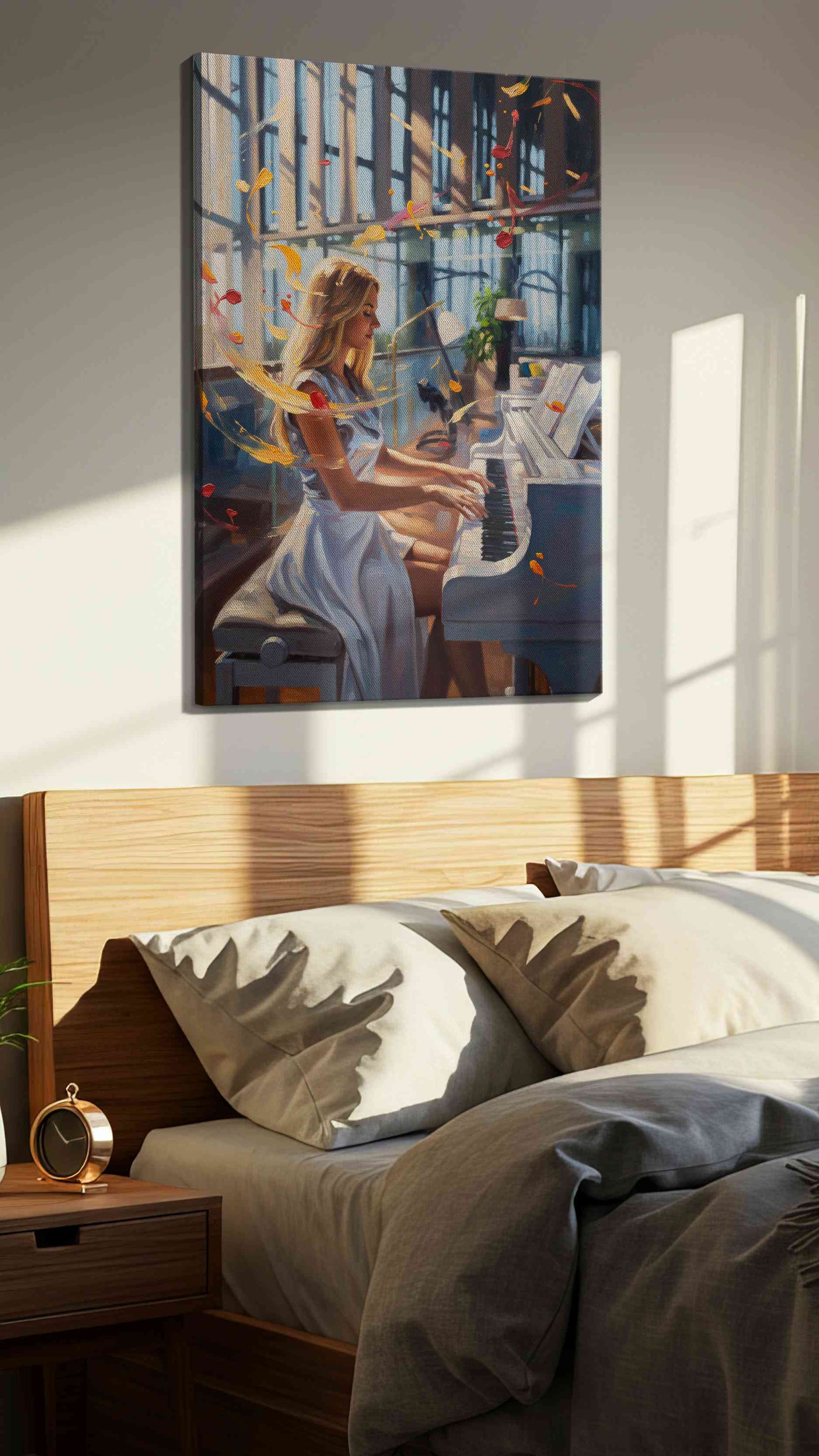 Melodic Sunbeams music canvas print, displayed in a bedroom