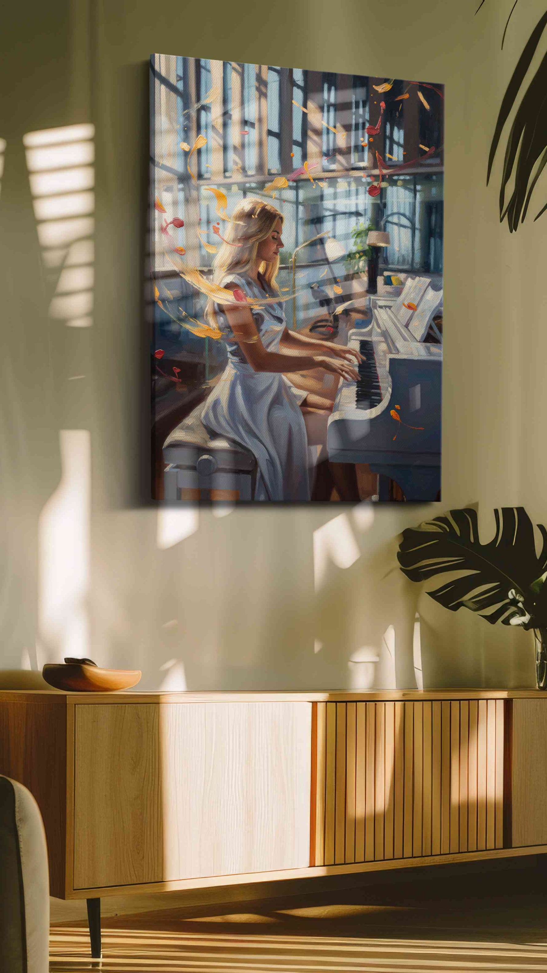 Melodic Sunbeams music canvas print in a contemporary interior mockup