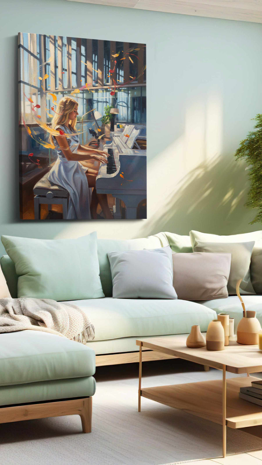 Melodic Sunbeams music canvas print, hanging on wall