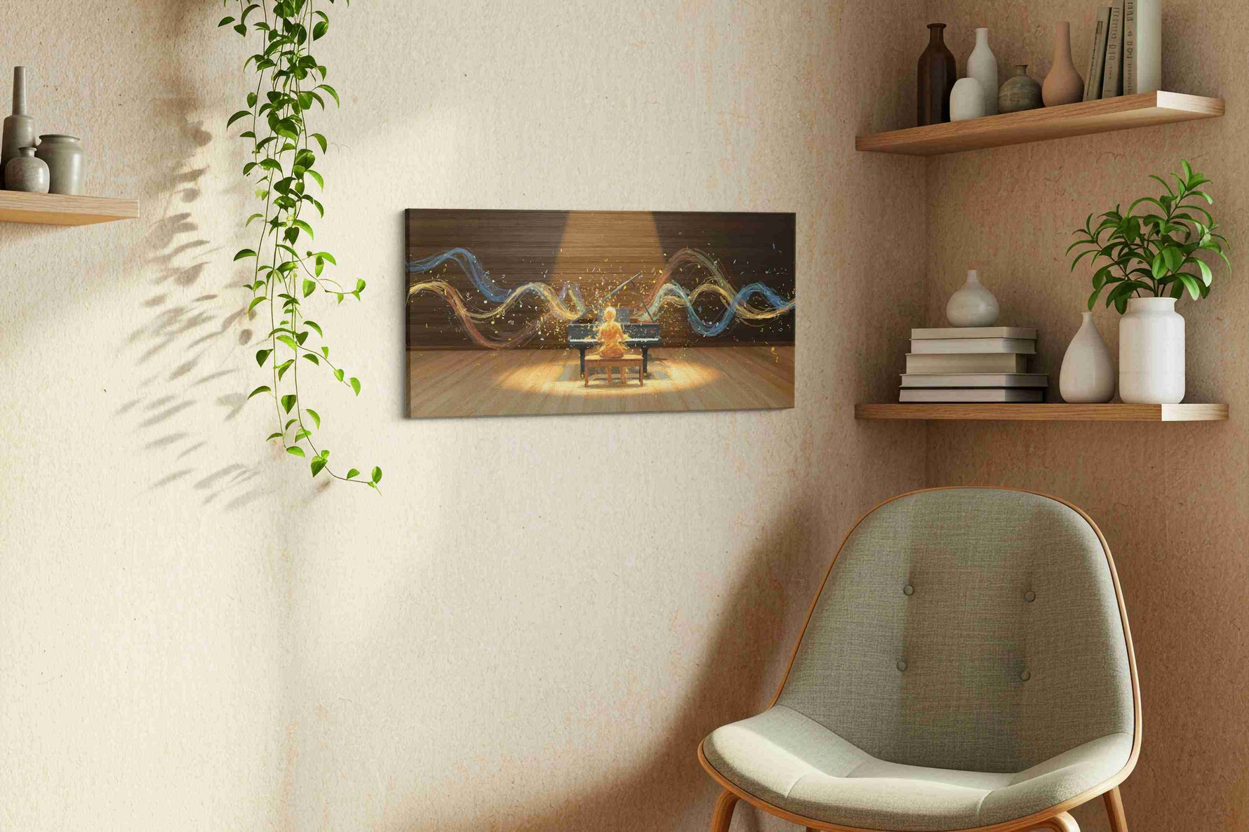 Melodies in Motion III music canvas print styled in a living room