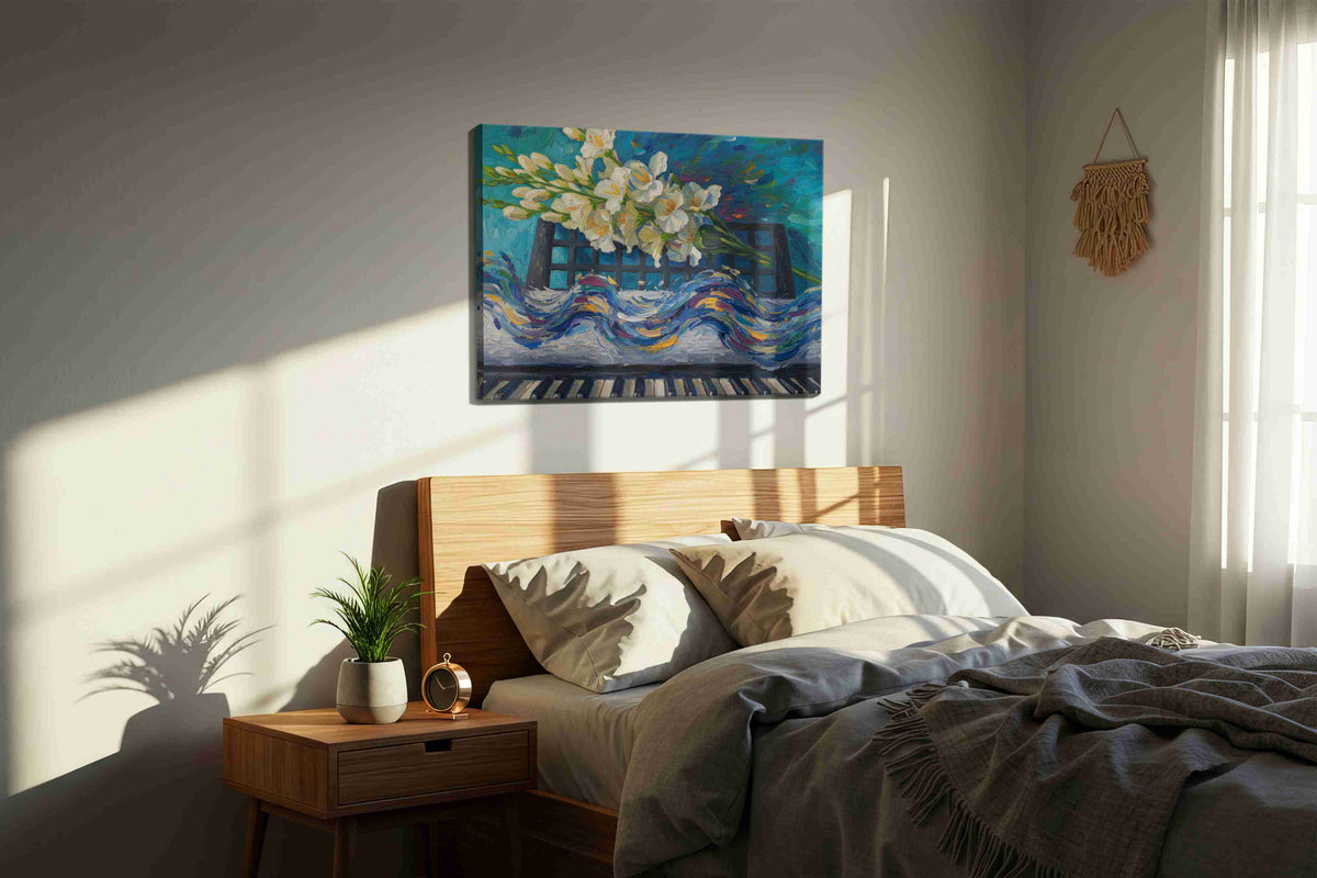 Melody in Bloom music canvas print, displayed in a bedroom