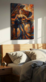 Melody of Fire and Elegance music canvas print, displayed in a bedroom