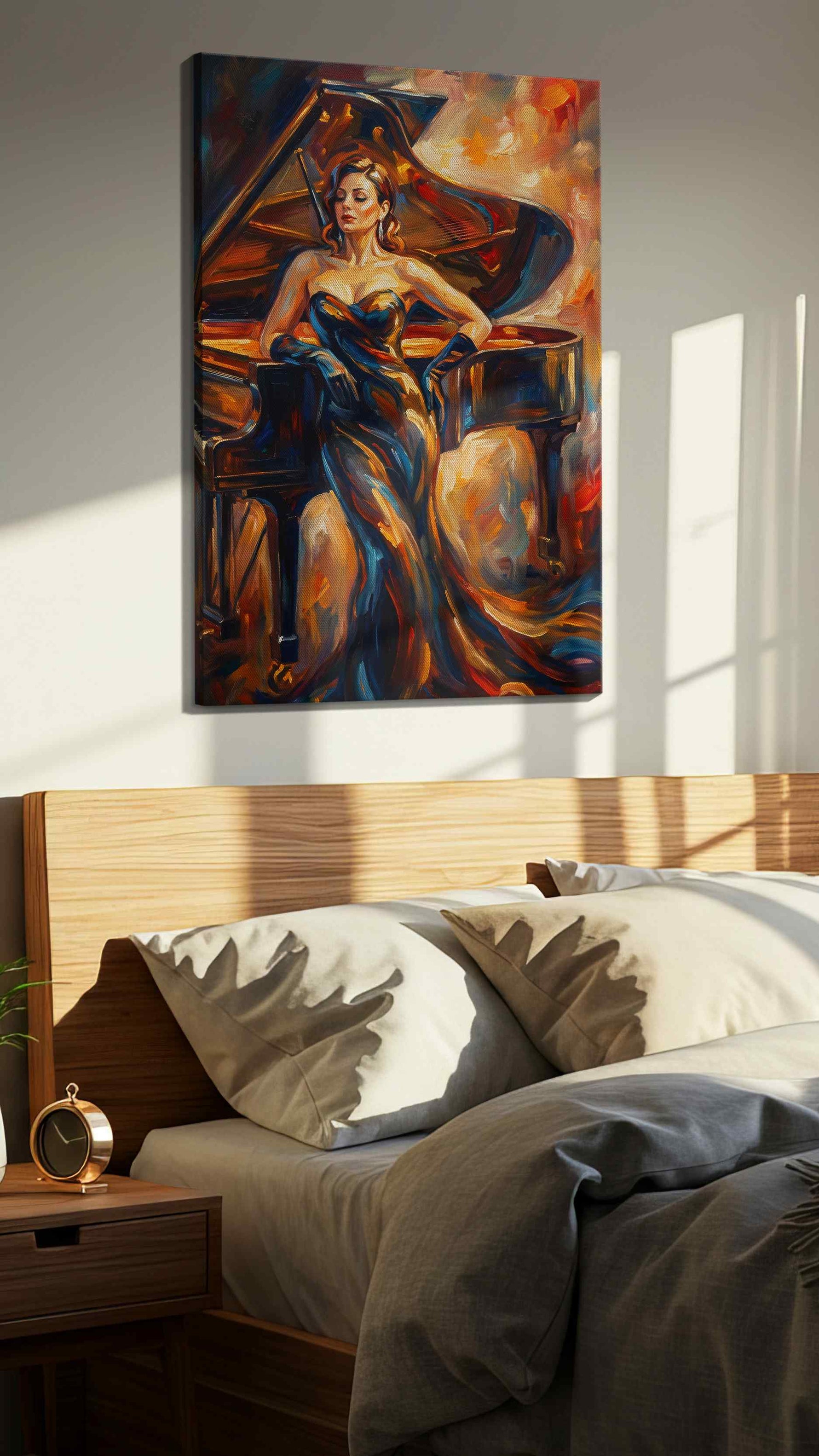 Melody of Fire and Elegance music canvas print, displayed in a bedroom