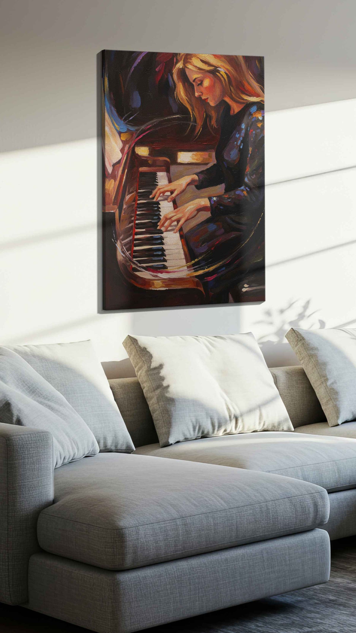 Melody of Midnight Reflections music canvas print, displayed in a living room