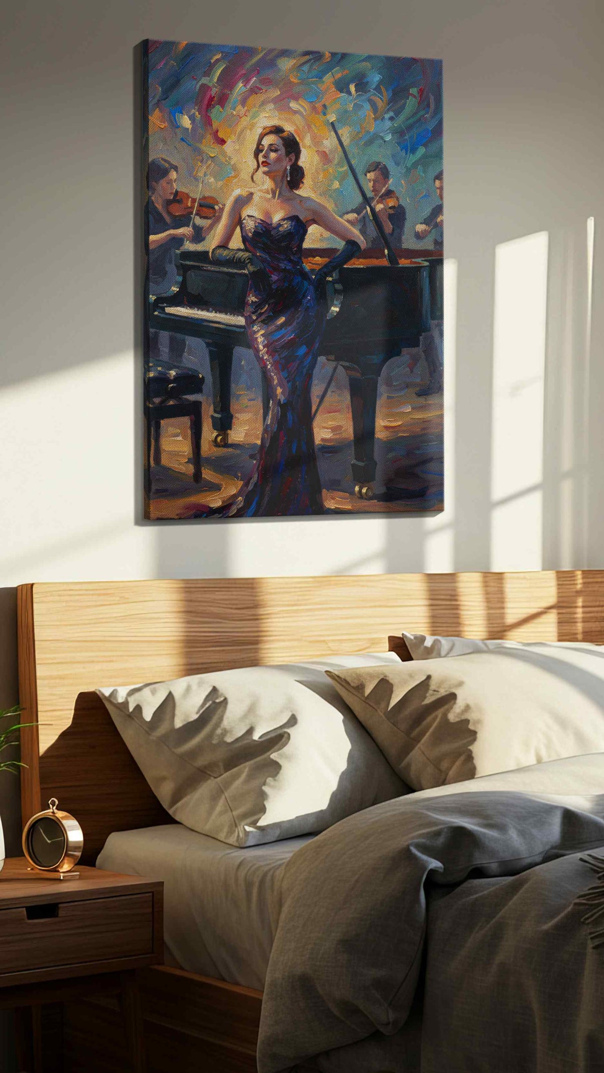 Symphony in Silhouette music canvas print, displayed in a bedroom