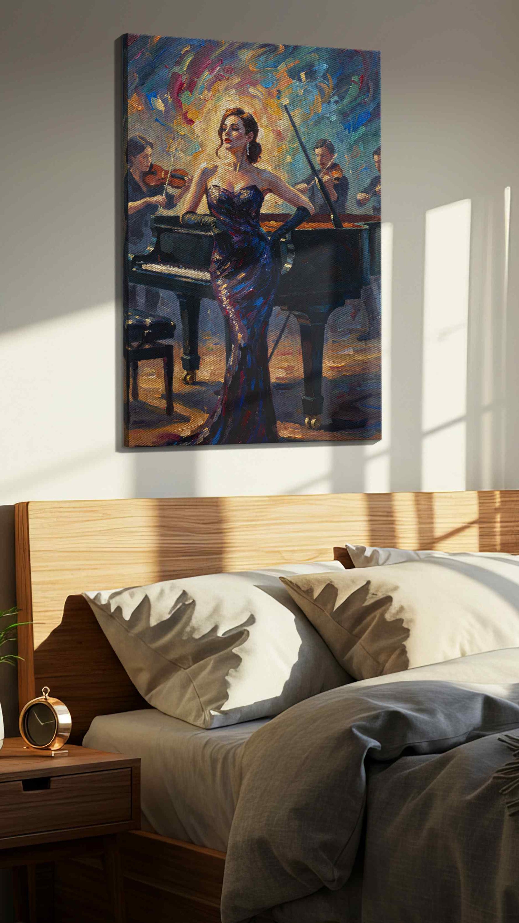Symphony in Silhouette music canvas print, displayed in a bedroom